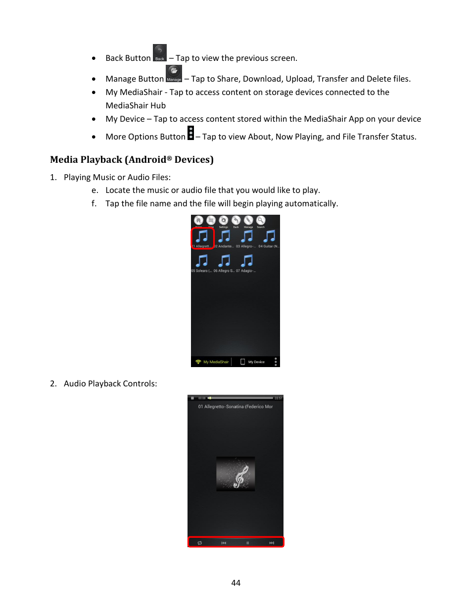 Media playback (android, Devices), Playing music or audio files | Audio playback controls | IOGear GWFRSDU Manual User Manual | Page 44 / 103