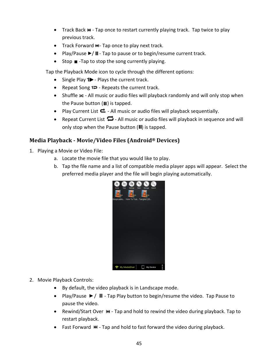 Media playback - movie/video files (android, Devices), Playing a movie or video file | Movie playback controls | IOGear GWFRSDU Manual User Manual | Page 45 / 103