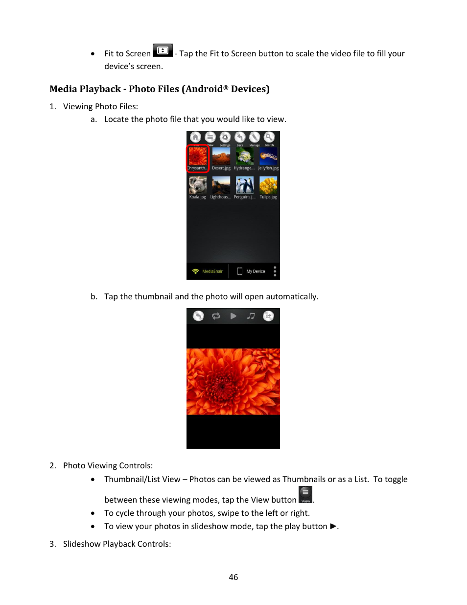Media playback - photo files (android, Devices), Viewing photo files | Photo viewing controls, Slideshow playback controls | IOGear GWFRSDU Manual User Manual | Page 46 / 103