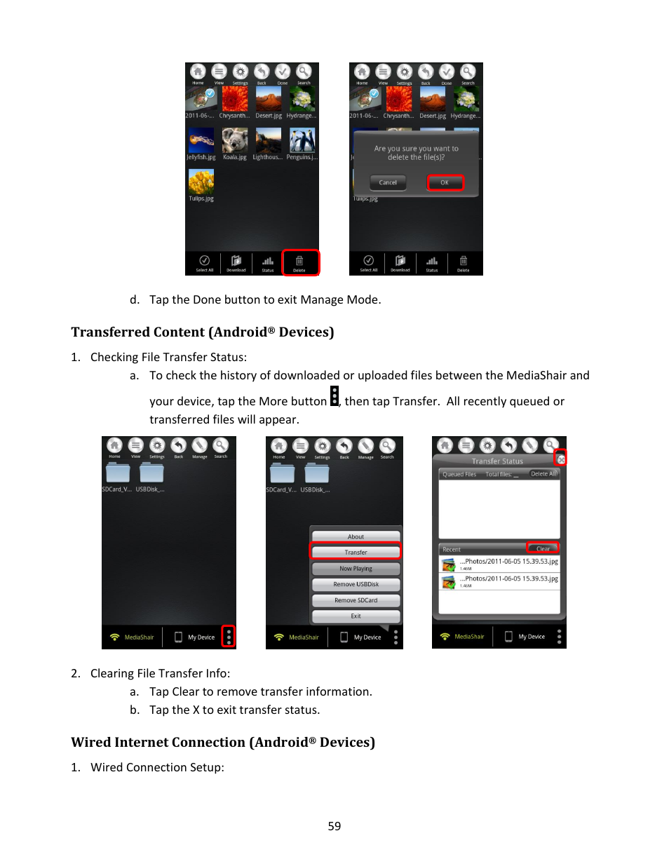 Transferred content (android, Devices), Checking file transfer status | Clearing file transfer info, Wired internet connection (android, Wired connection setup | IOGear GWFRSDU Manual User Manual | Page 59 / 103