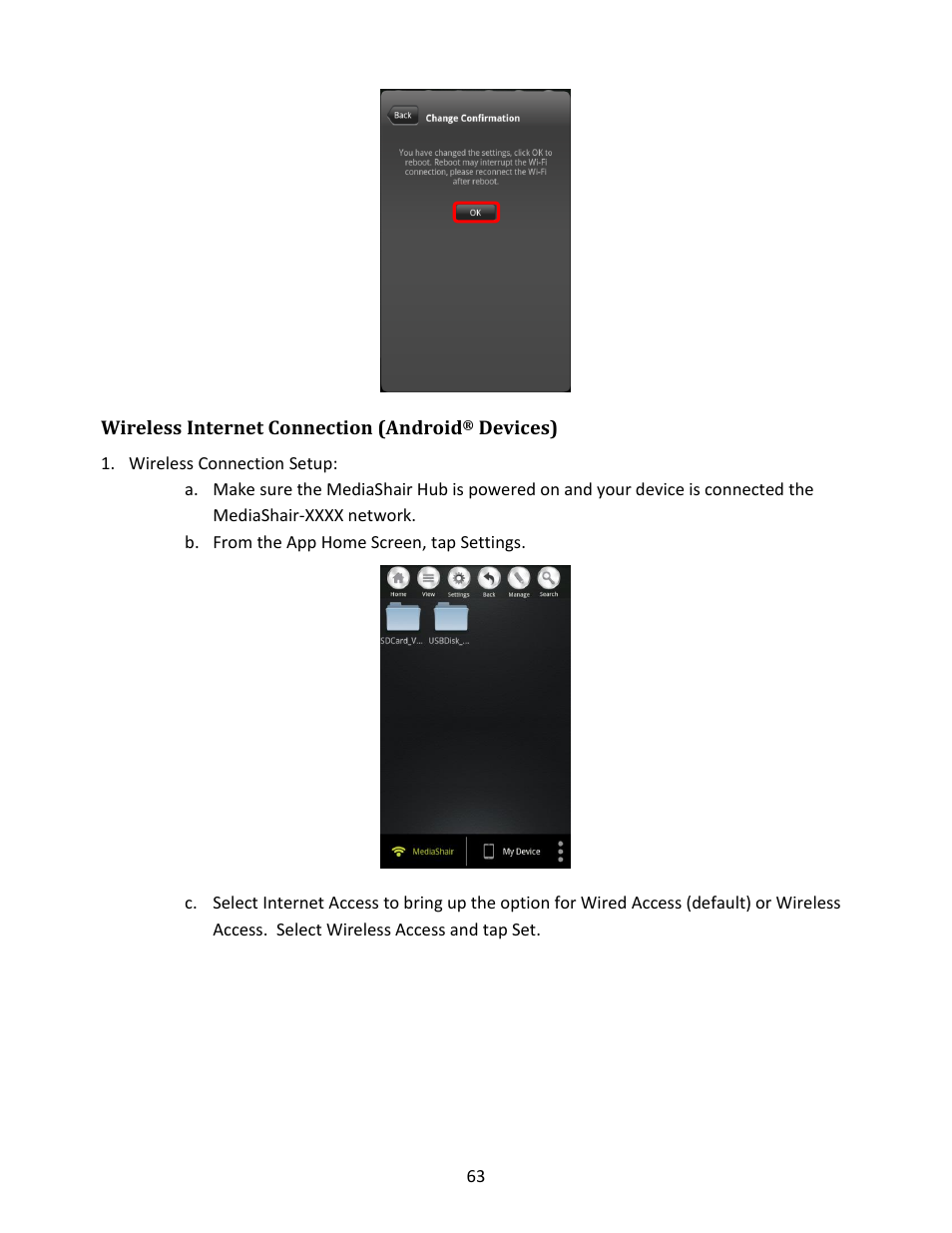 Wireless internet connection (android, Devices), Wireless connection setup | IOGear GWFRSDU Manual User Manual | Page 63 / 103