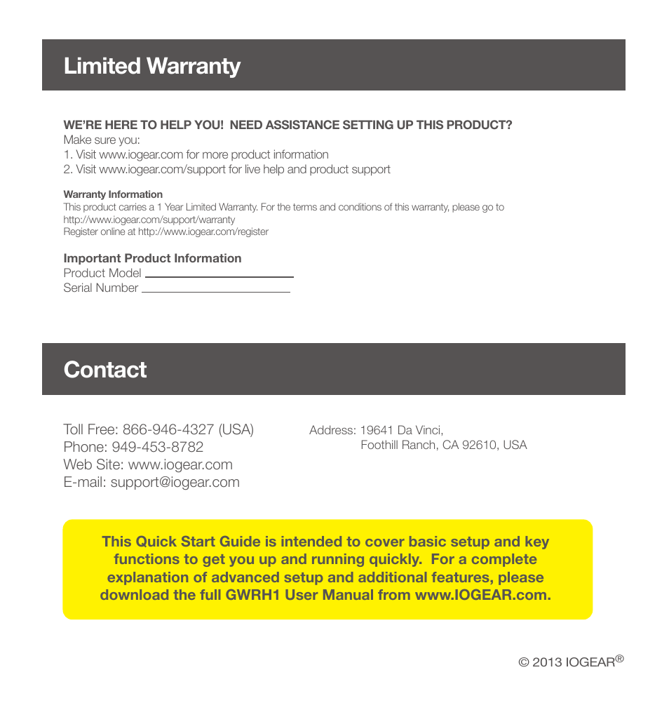 Limited warranty contact | IOGear GWRH1 User Manual | Page 20 / 20