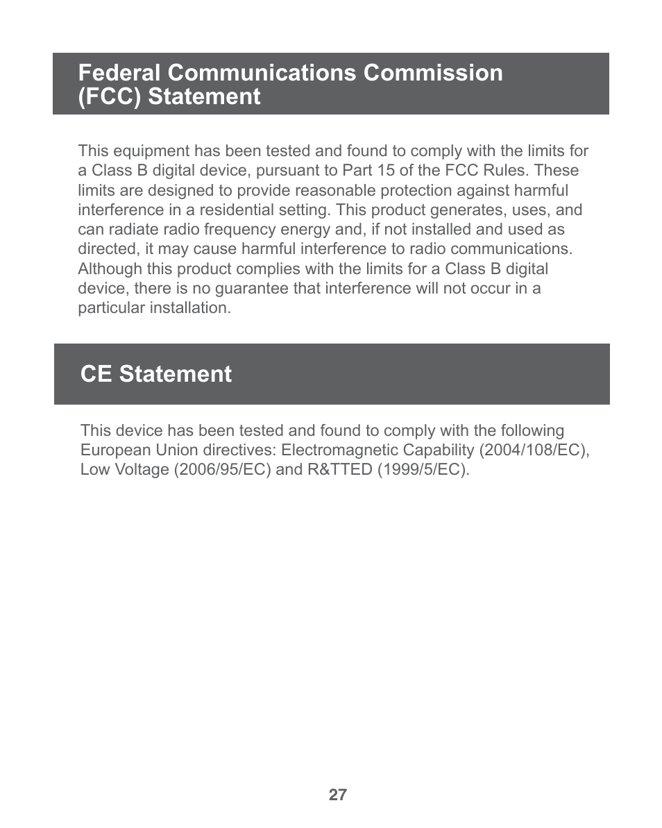 Fcc) statement, Ce statement, Fcc statement | IOGear GWU735 User Manual | Page 27 / 30