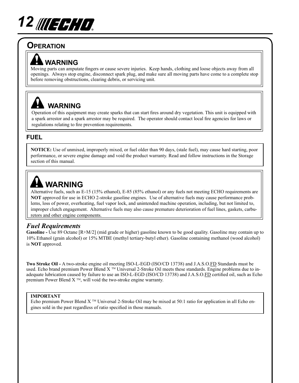 Warning, Fuel requirements | Echo BRD-280 Serial S70812001001 - S70812014074 User Manual | Page 12 / 36