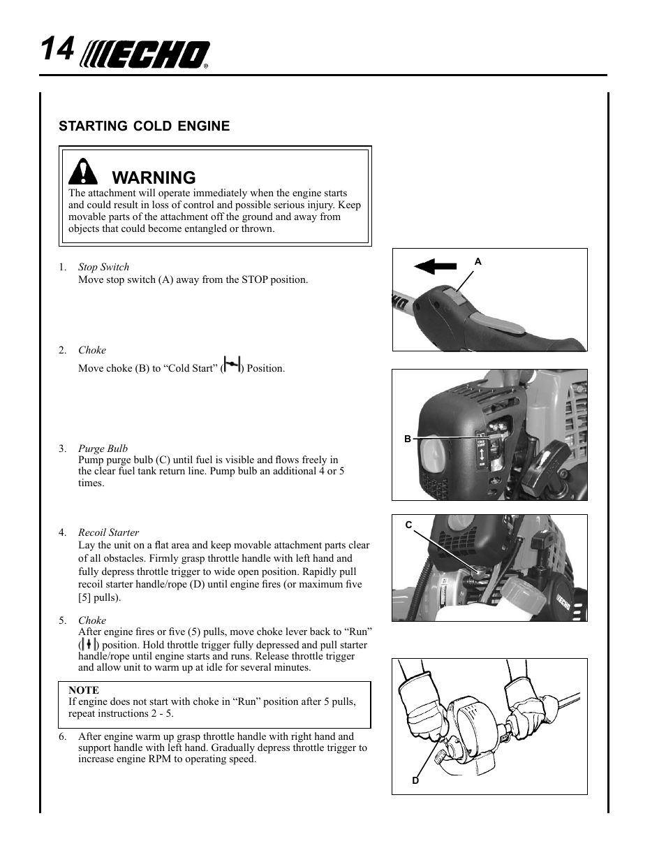 Warning | Echo BRD-280 Serial S70812001001 - S70812014074 User Manual | Page 14 / 36