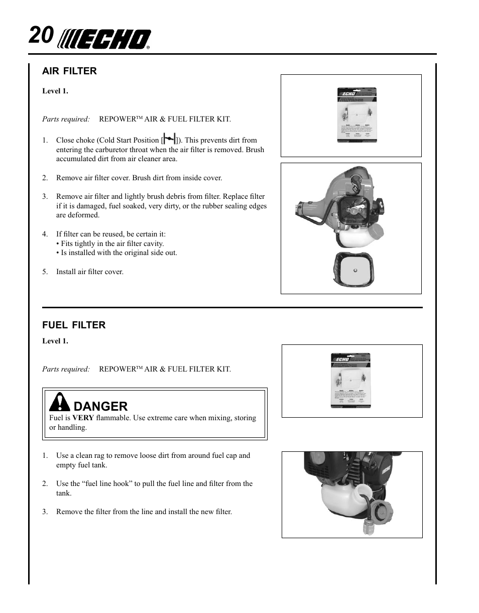 Air filter, Fuel filter, Danger | Echo BRD-280 Serial S70812001001 - S70812014074 User Manual | Page 20 / 36
