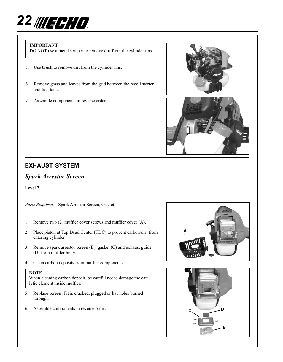 Exhaust system, Spark arrestor screen | Echo BRD-280 Serial S70812001001 - S70812014074 User Manual | Page 22 / 36