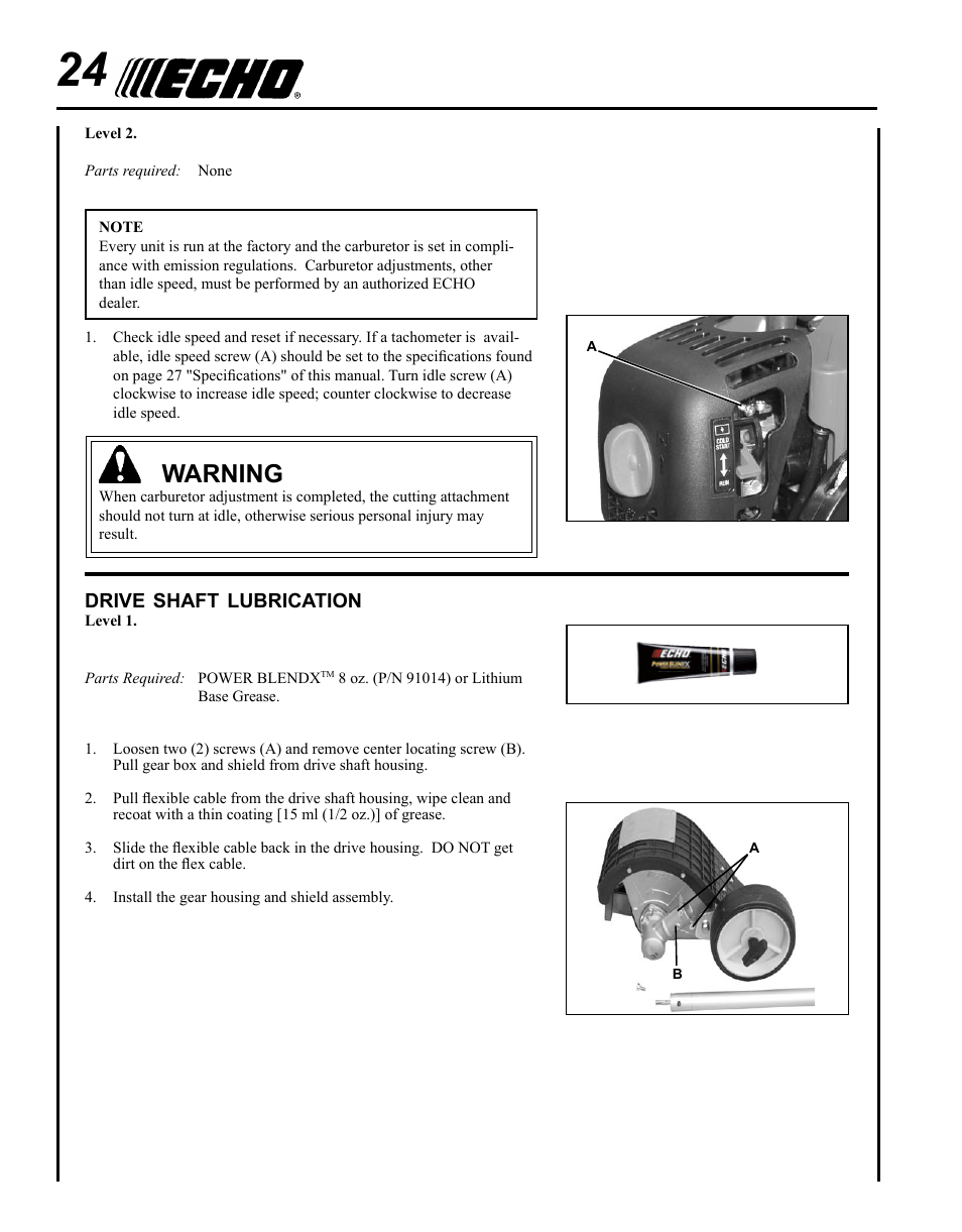 Drive shaft lubrication, Warning | Echo BRD-280 Serial S70812001001 - S70812014074 User Manual | Page 24 / 36