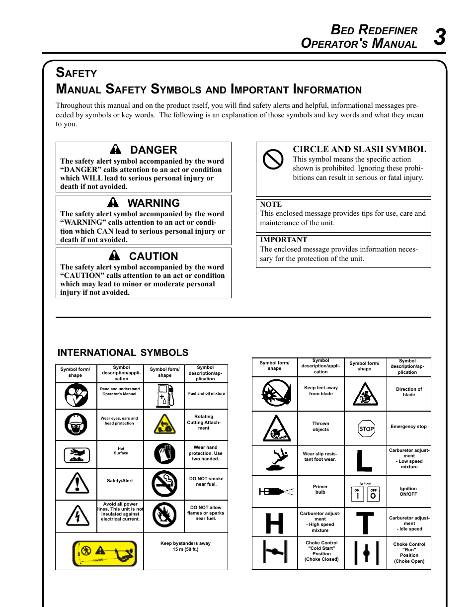 Safety, Warning, Caution | Danger, Edefiner, Perator, Anual, Afety, Ymbols, Mportant | Echo BRD-280 Serial S70812001001 - S70812014074 User Manual | Page 3 / 36