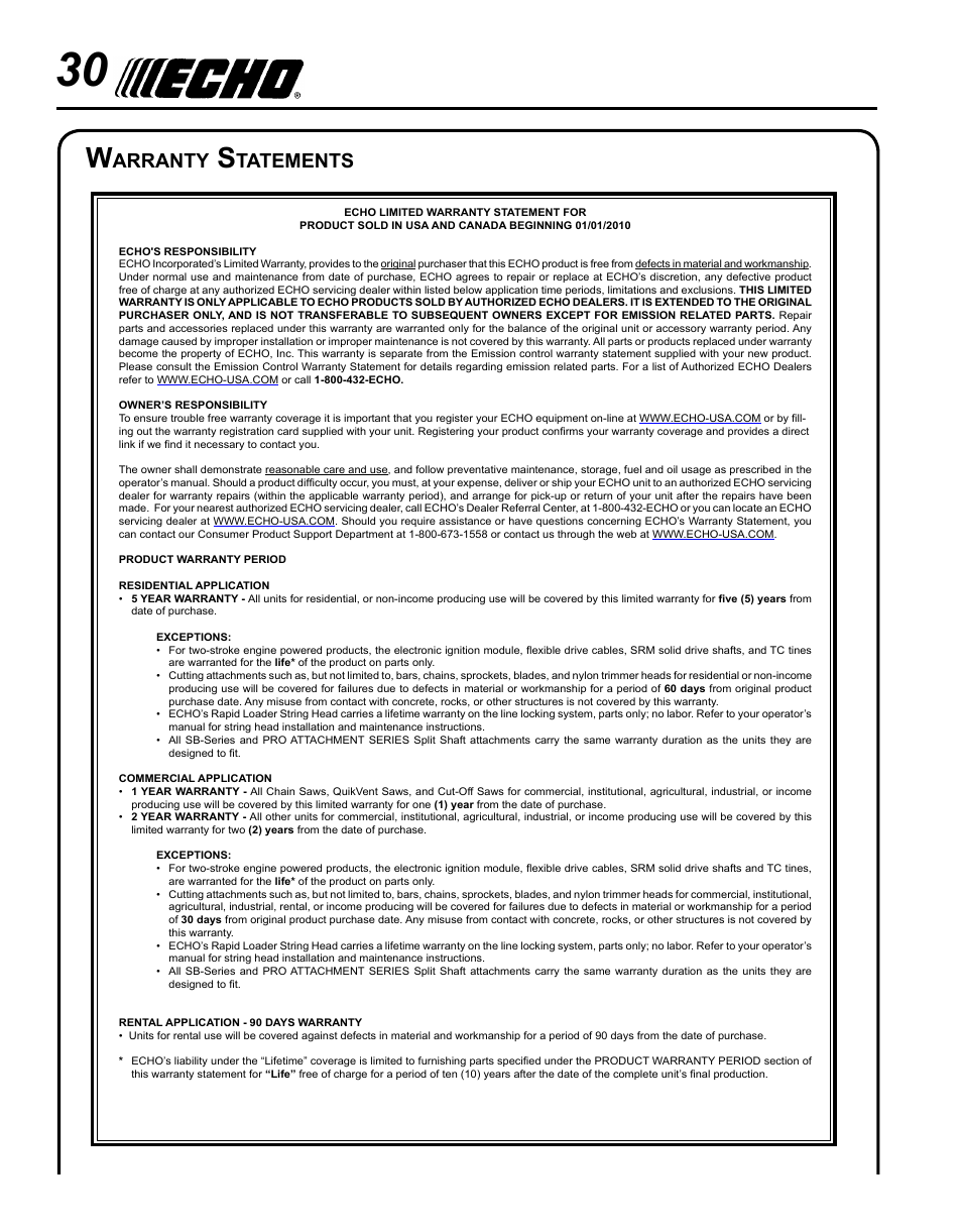 Warranty statements, Arranty, Tatements | Echo BRD-280 Serial S70812001001 - S70812014074 User Manual | Page 30 / 36
