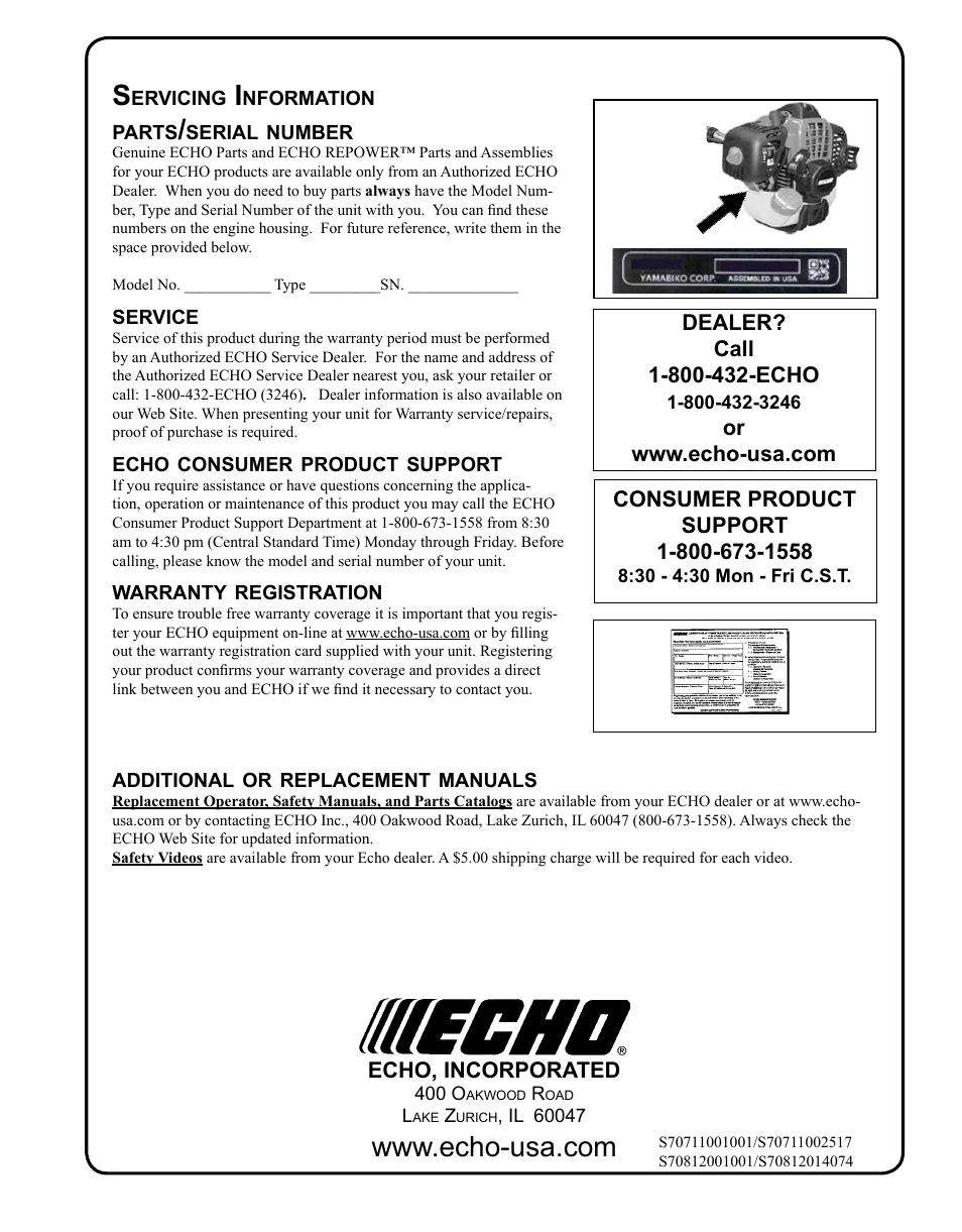 Servicing information | Echo BRD-280 Serial S70812001001 - S70812014074 User Manual | Page 36 / 36