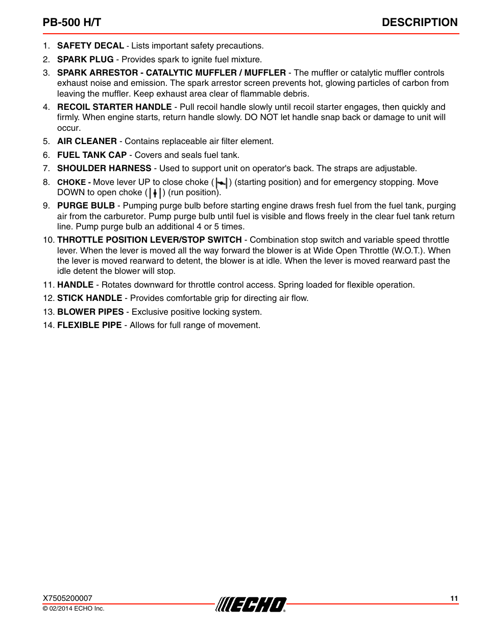 Pb-500 h/t description | Echo PB-500T User Manual | Page 11 / 36