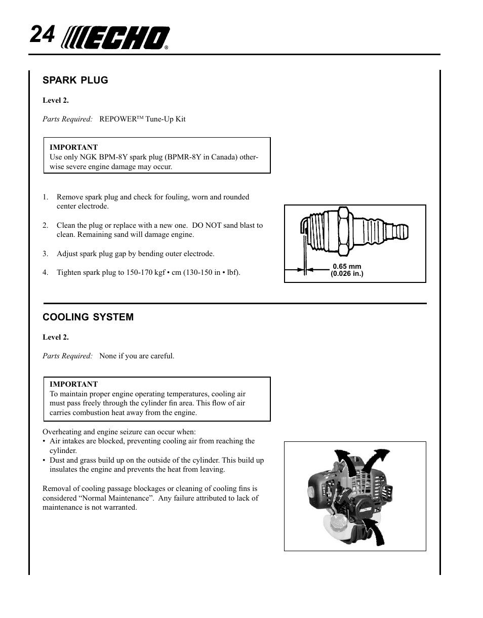 Spark plug, Cooling system | Echo SRM-280U Serial S75012001001 - S75012007706 User Manual | Page 24 / 40