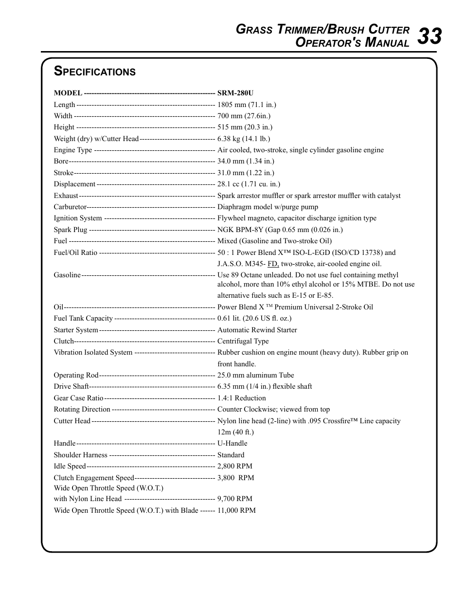 Specifications | Echo SRM-280U Serial S75012001001 - S75012007706 User Manual | Page 33 / 40