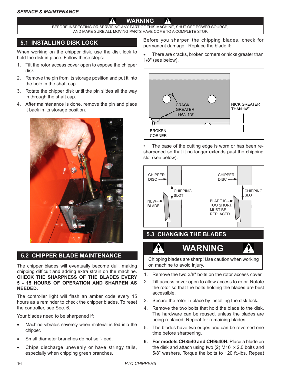 1 installing disk lock, 2 chipper blade maintenance, 3 changing the blades | Warning | Echo CH9540H Owners Manual v.7 User Manual | Page 20 / 32