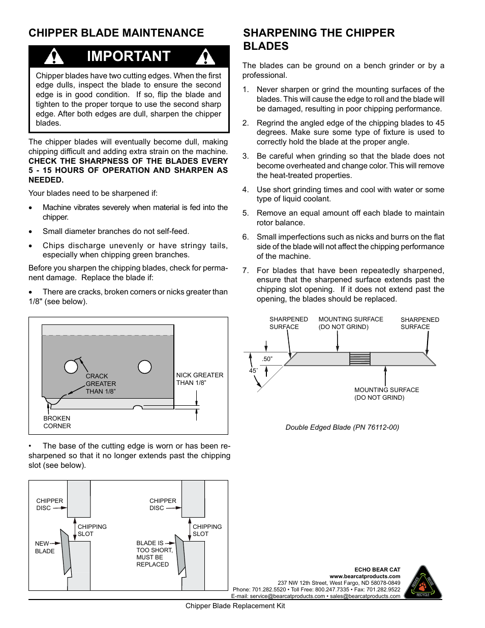 Important, Sharpening the chipper blades, Chipper blade maintenance | Echo CH450H Instruction v.3 User Manual | Page 2 / 2