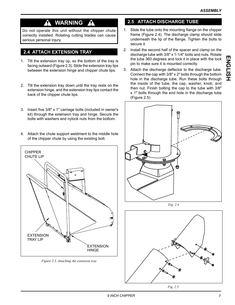 4 attach extension tray, 5 attach discharge tube, 4 attach extension tray 2.5 attach discharge tube | English, Warning | Echo CH911DH Owners Manual v.6 User Manual | Page 11 / 31