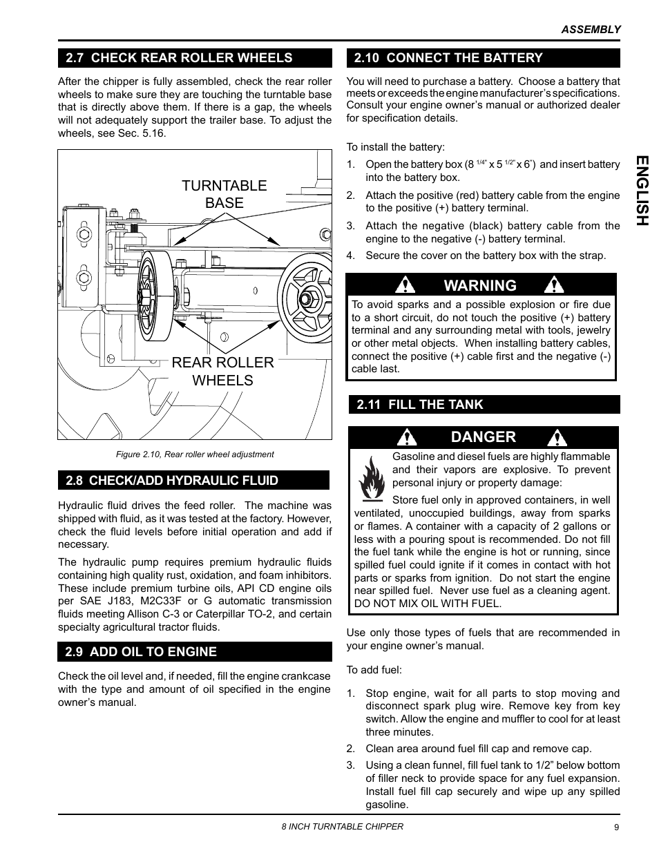 7 check rear roller wheels, 8 check/add hydraulic fluid, 9 add oil to engine | 10 connect the battery, 11 fill the tank, English, Danger, Warning, Rear roller wheels turntable base | Echo CH8993H Owners Manual v.6 User Manual | Page 13 / 34