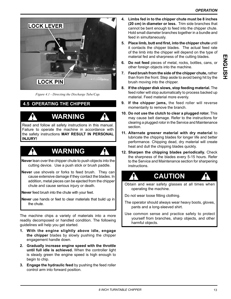 5 operating the chipper, Warning, Caution | English | Echo CH8720iH Owners Manual v.1 User Manual | Page 17 / 35