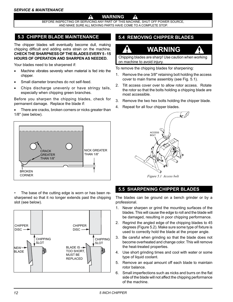 3 chipper blade maintenance, 4 removing chipper blades, 5 sharpening chipper blades | Warning | Echo 74554 Owners Manual v.4 User Manual | Page 16 / 25