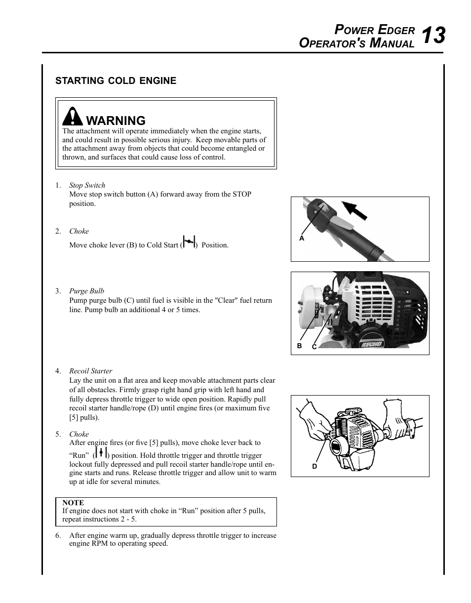 Warning | Echo PE-230 Serial S75612001001 - S75612999999 User Manual | Page 13 / 32