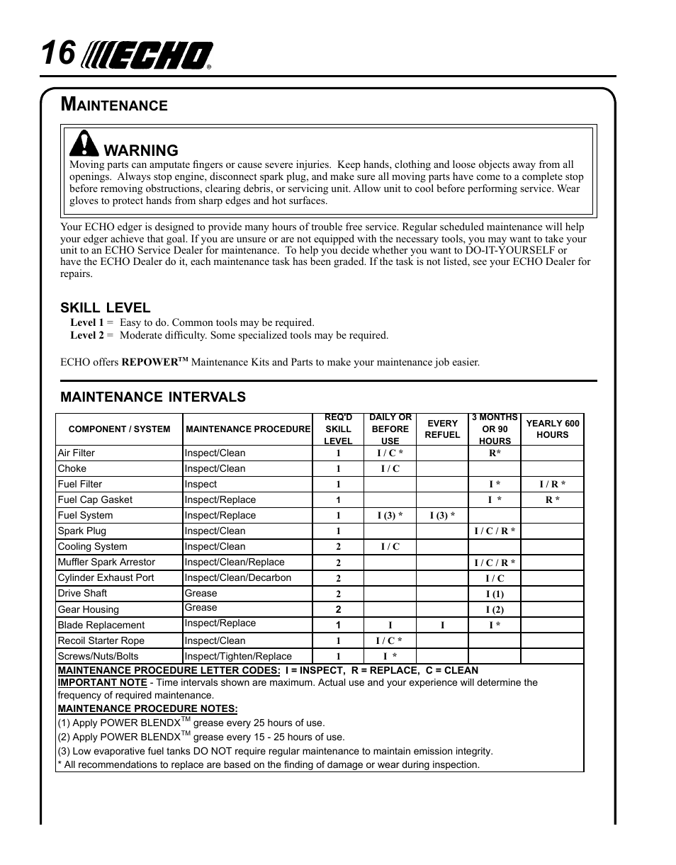Warning, Maintenance, Intervals | Aintenance, Skill, Level | Echo PE-230 Serial S75612001001 - S75612999999 User Manual | Page 16 / 32