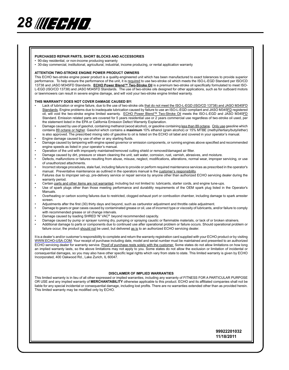 Echo PE-230 Serial S75612001001 - S75612999999 User Manual | Page 28 / 32
