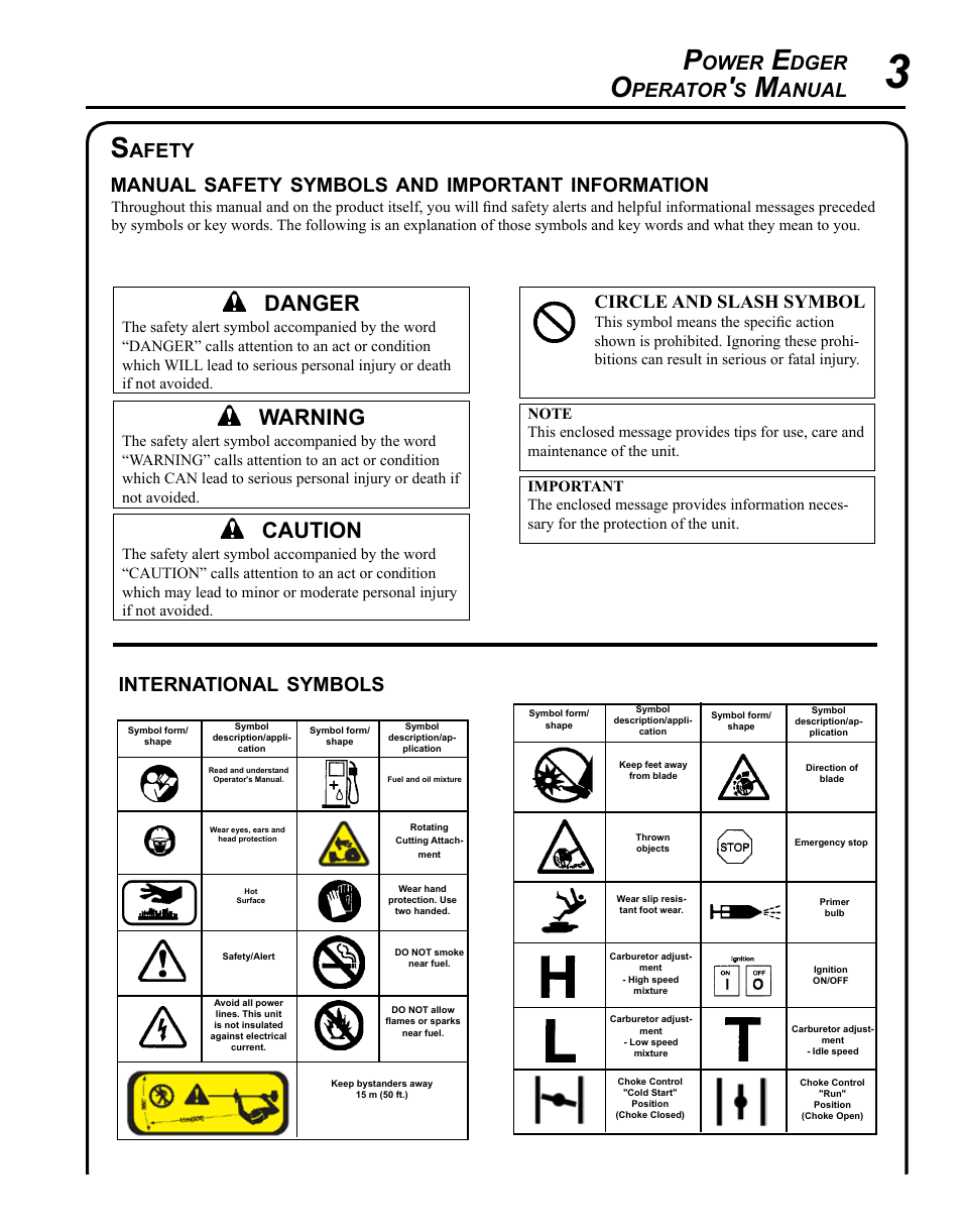 Warning, Caution, Danger | Ower, Dger, Perator, Anual, Afety manual, Safety, Symbols | Echo PE-230 Serial S75612001001 - S75612999999 User Manual | Page 3 / 32