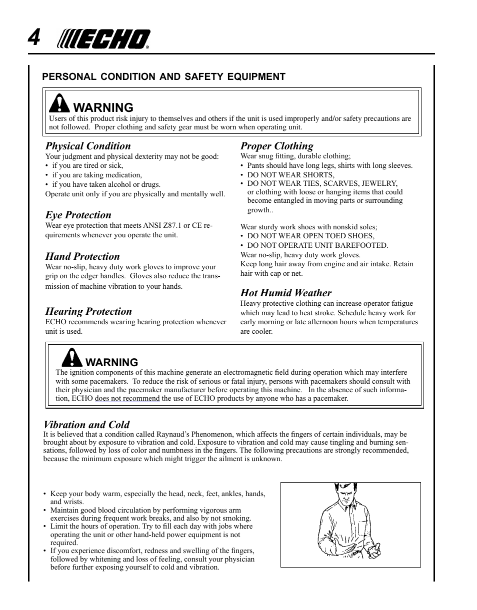 Warning, Physical condition, Eye protection | Hand protection, Hearing protection, Vibration and cold, Proper clothing, Hot humid weather | Echo PE-230 Serial S75612001001 - S75612999999 User Manual | Page 4 / 32