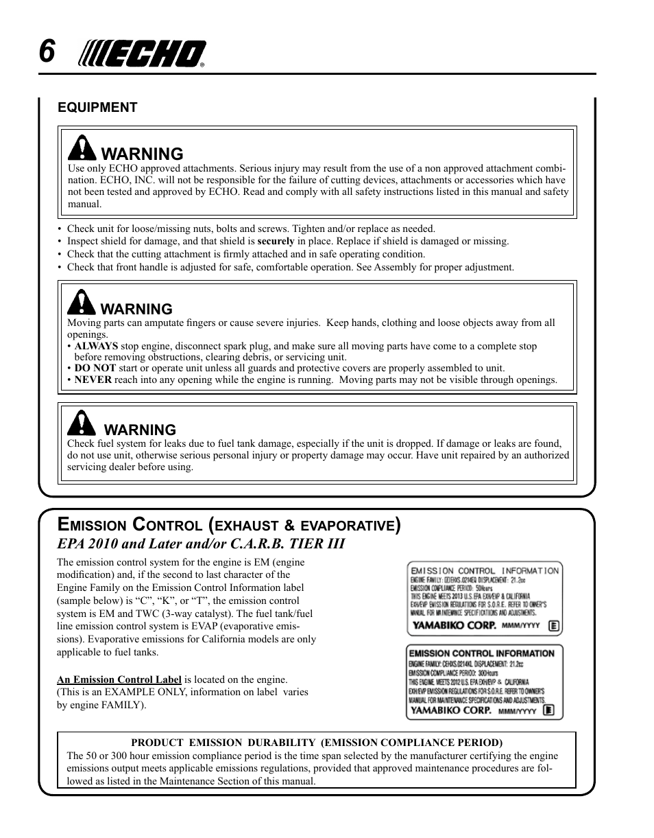 Warning | Echo PE-230 Serial S75612001001 - S75612999999 User Manual | Page 6 / 32