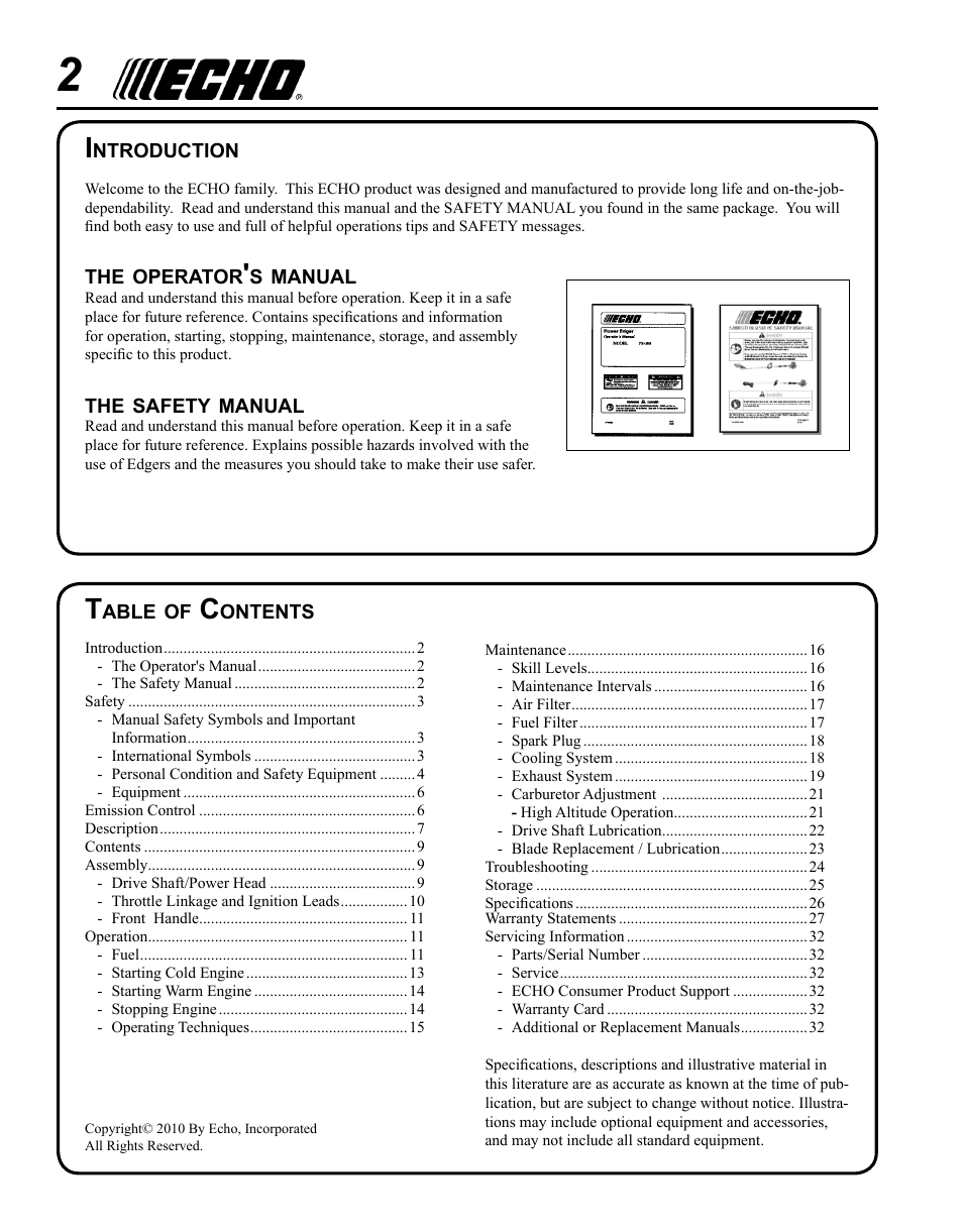 Echo PE-225 Serial S78712001001 - S78712051200 User Manual | Page 2 / 32