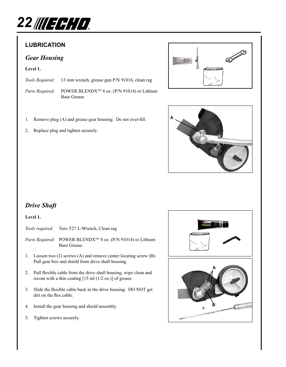 Lubrication, Gear housing, Drive shaft | Echo PE-225 Serial S78712001001 - S78712051200 User Manual | Page 22 / 32