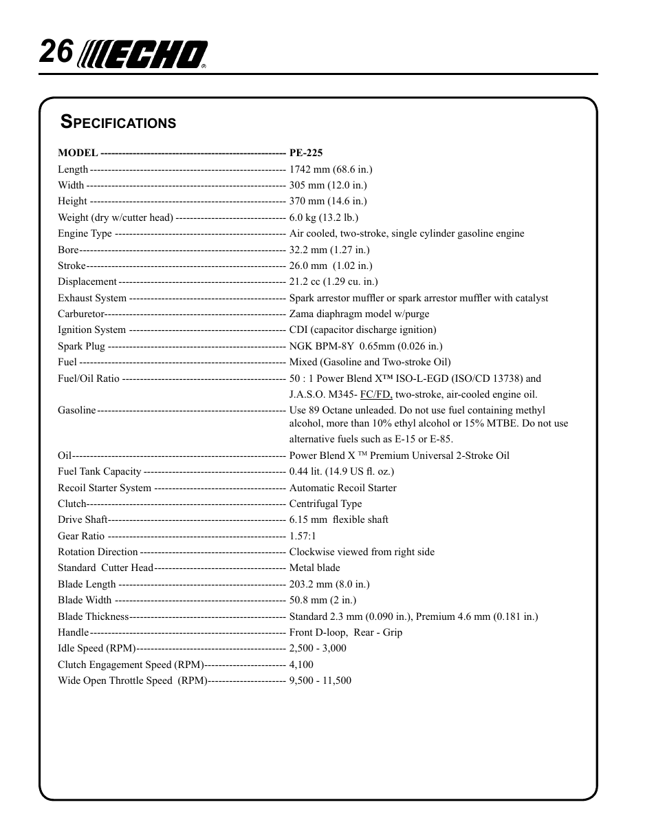 Specifications | Echo PE-225 Serial S78712001001 - S78712051200 User Manual | Page 26 / 32