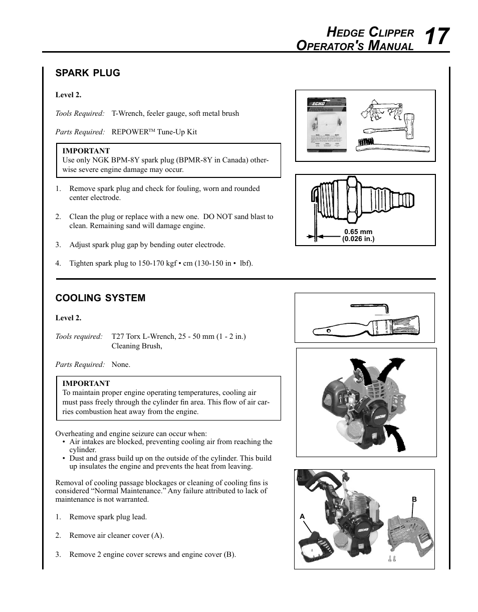 Spark plug, Cooling system | Echo SHC-225S Serial S86111001001 - S86111001676 User Manual | Page 17 / 28