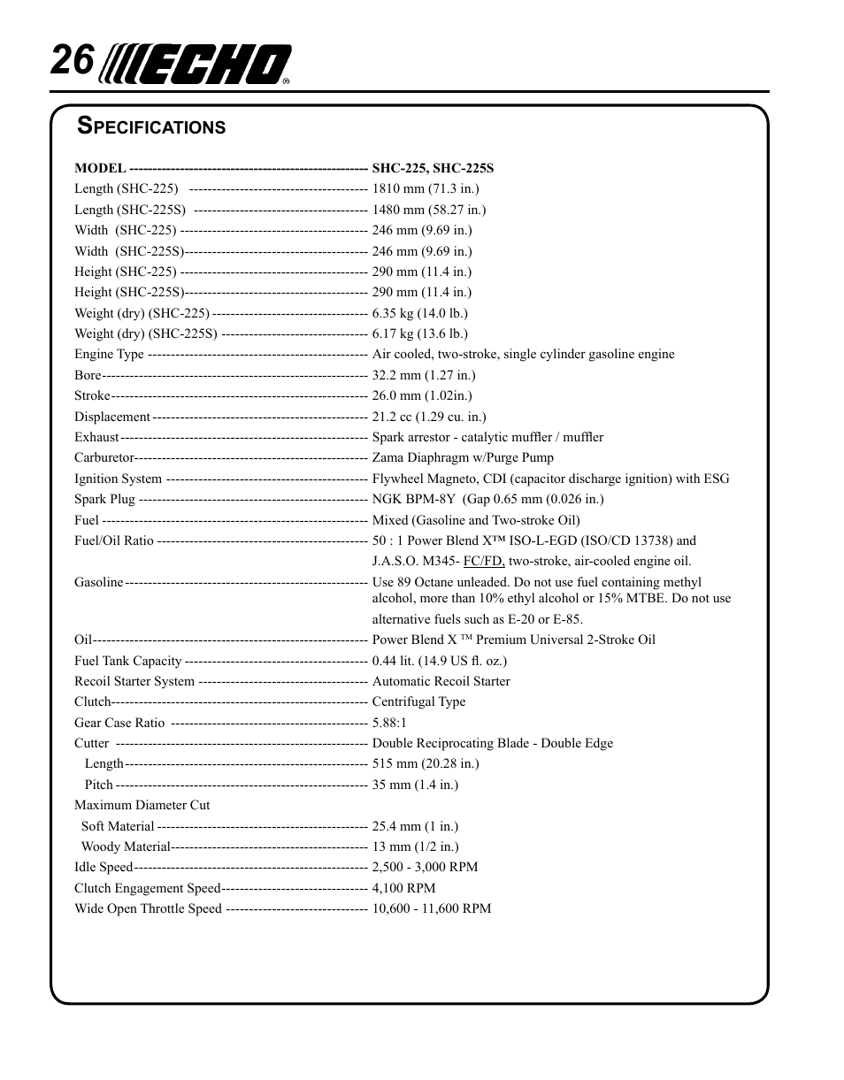 Specifications | Echo SHC-225S Serial S86111001001 - S86111001676 User Manual | Page 26 / 28