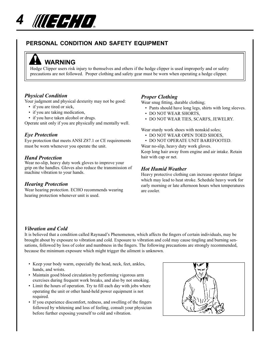 Warning | Echo SHC-225S Serial S86111001001 - S86111001676 User Manual | Page 4 / 28