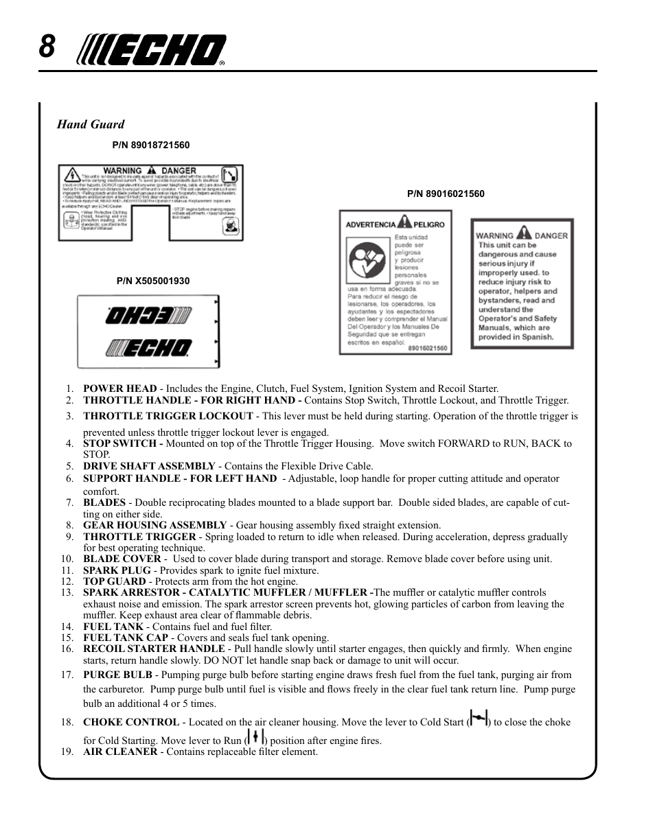 Echo SHC-225S Serial S86111001001 - S86111001676 User Manual | Page 8 / 28