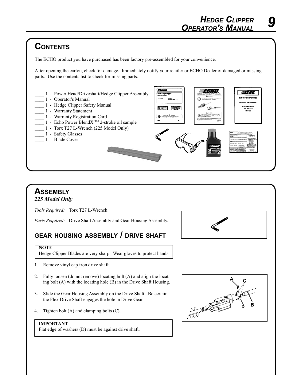 Echo SHC-225S Serial S86111001001 - S86111001676 User Manual | Page 9 / 28