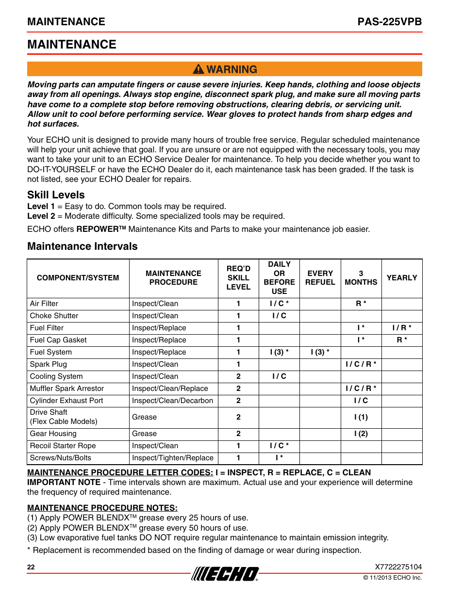 Maintenance, Skill levels, Maintenance intervals | Skill levels maintenance intervals, Maintenance pas-225vpb | Echo PAS-225VPB User Manual | Page 22 / 40