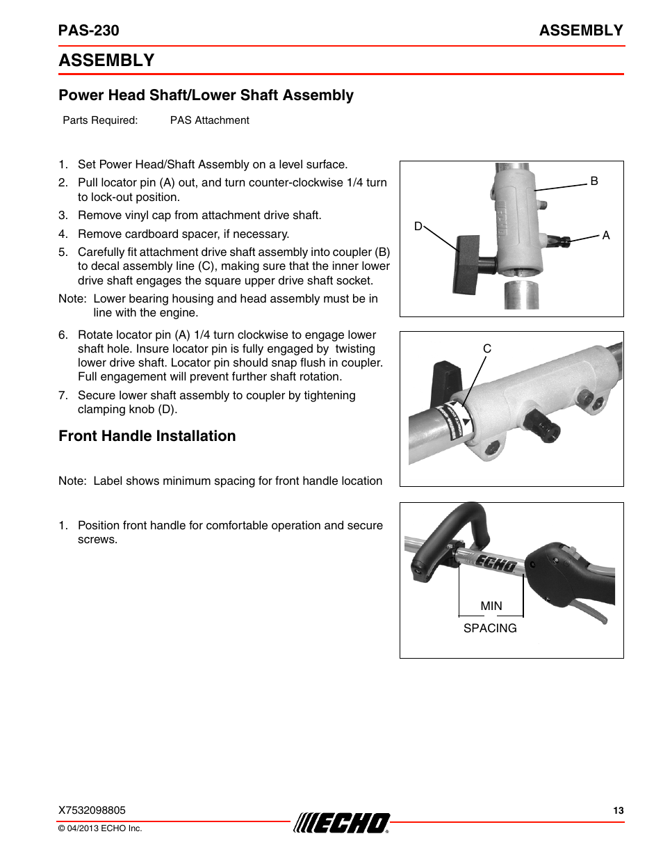 Assembly, Power head shaft/lower shaft assembly, Front handle installation | Pas-230 assembly | Echo PAS-230 User Manual | Page 13 / 32