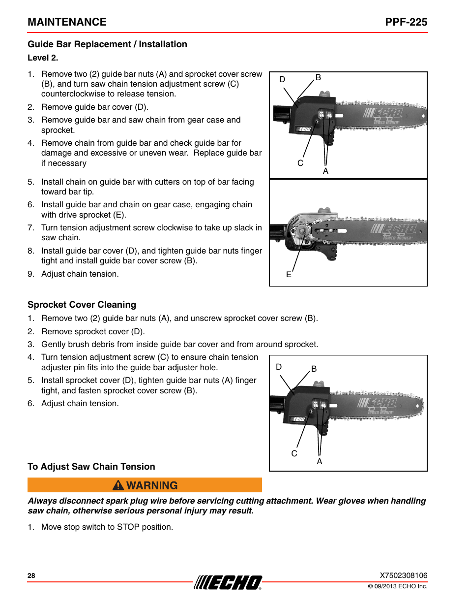 Guide bar replacement / installation, Sprocket cover cleaning, To adjust saw chain tension | Maintenance ppf-225 | Echo PPF-225 User Manual | Page 28 / 40
