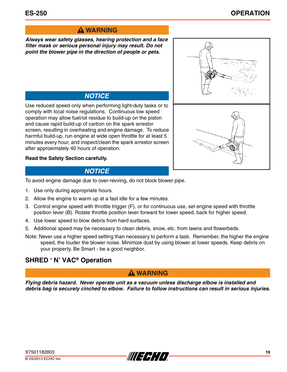 Shred ‘ n’ vac® operation, Es-250 operation, Shred ‘ n’ vac | Operation | Echo ES-250 User Manual | Page 19 / 36