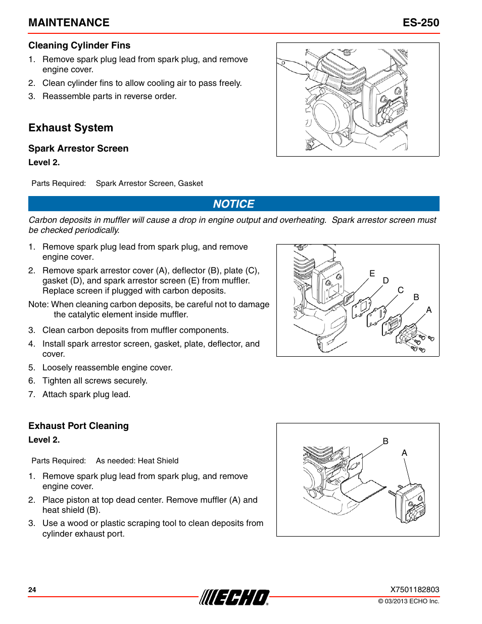 Cleaning cylinder fins, Exhaust system, Spark arrestor screen | Exhaust port cleaning, Maintenance es-250 | Echo ES-250 User Manual | Page 24 / 36