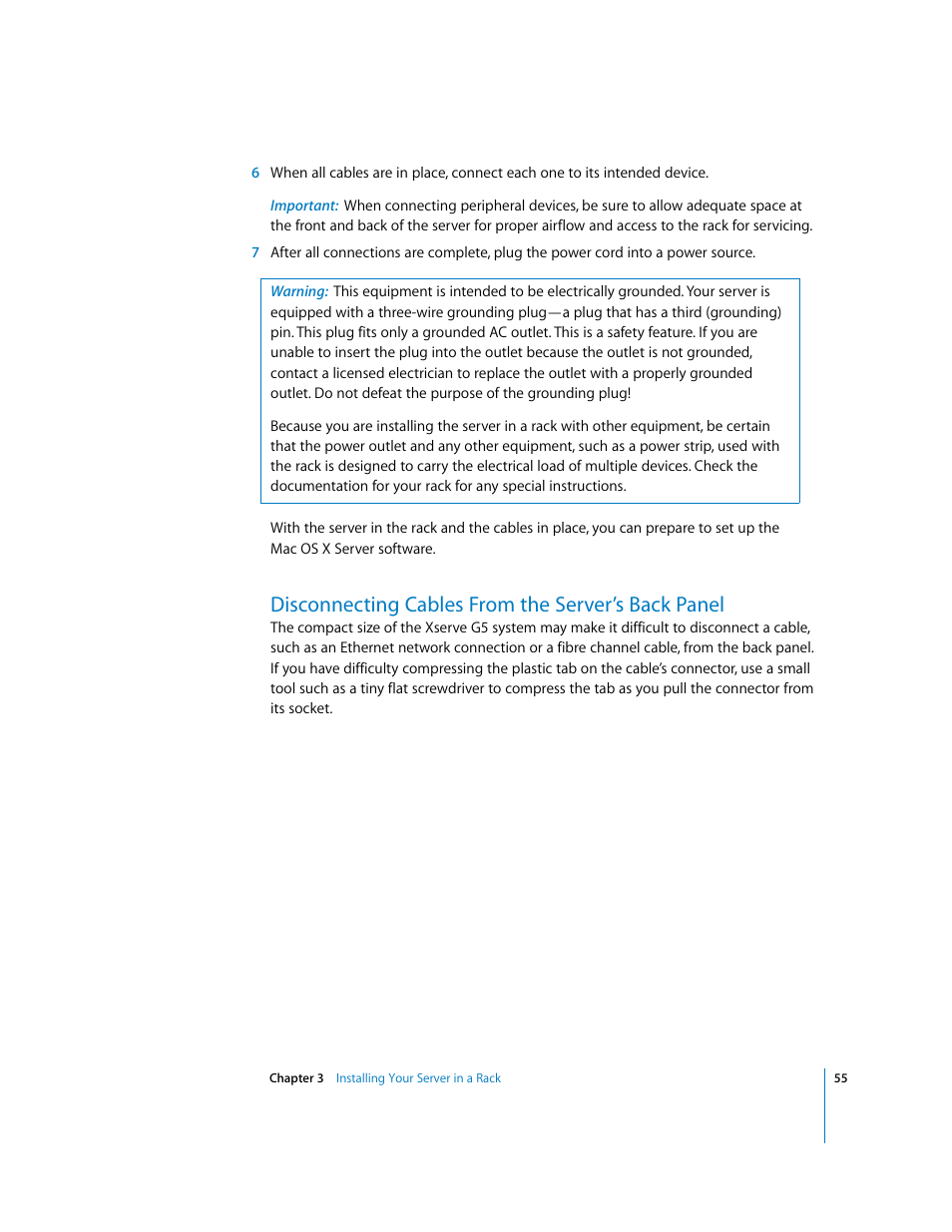 Disconnecting cables from the server’s back panel | Apple Xserve G5 User Manual | Page 55 / 96