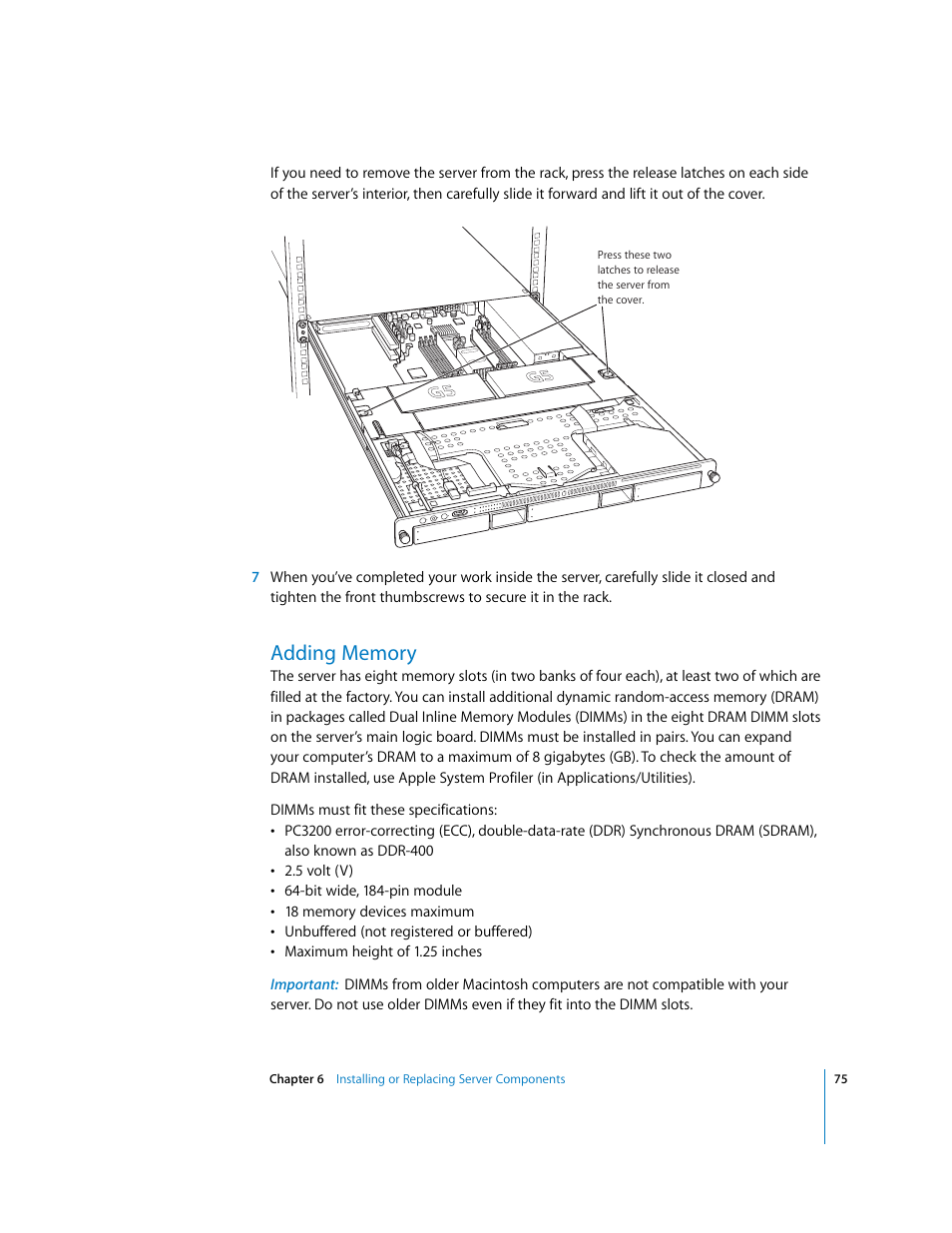 Adding memory | Apple Xserve G5 User Manual | Page 75 / 96