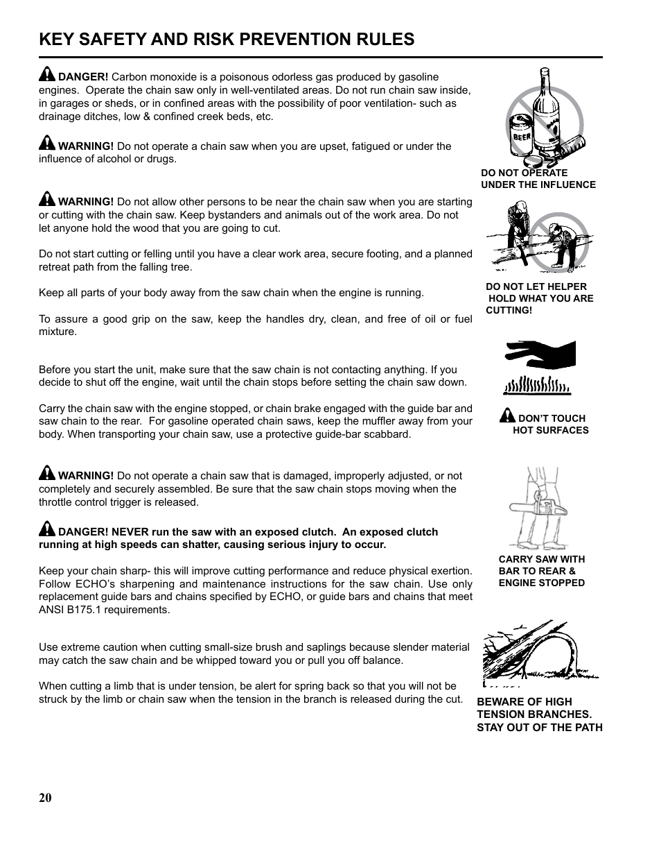 Key safety and risk prevention rules | Echo CHAIN SAW SAFETY MANUAL User Manual | Page 20 / 36
