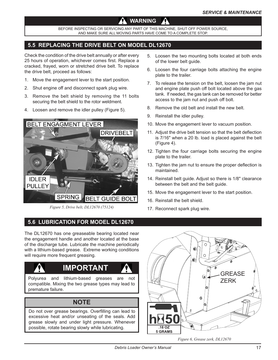 5 replacing the drive belt on model dl12670, 6 lubrication for model dl12670, Important | Grease zerk | Echo DL10570 Owners Manual v.2 User Manual | Page 21 / 27