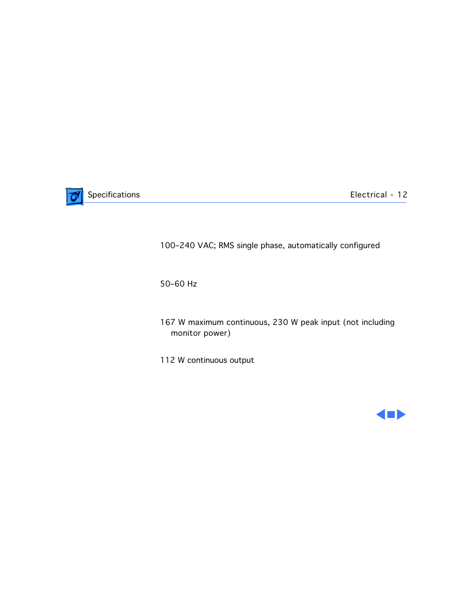 Electrical, A/c line input voltage, Input line frequency | Input power, Power supply dc output | Apple Power Macintosh 7100/80AV User Manual | Page 31 / 132