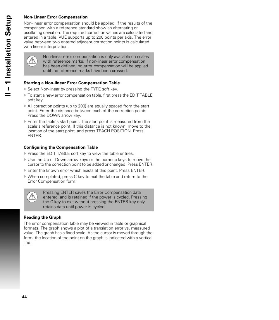 Non-linear error compensation, Starting a non-linear error compensation table, Configuring the compensation table | Reading the graph, Ii – 1 installation set u p | ACU-RITE VUE READOUTS User Manual | Page 58 / 68