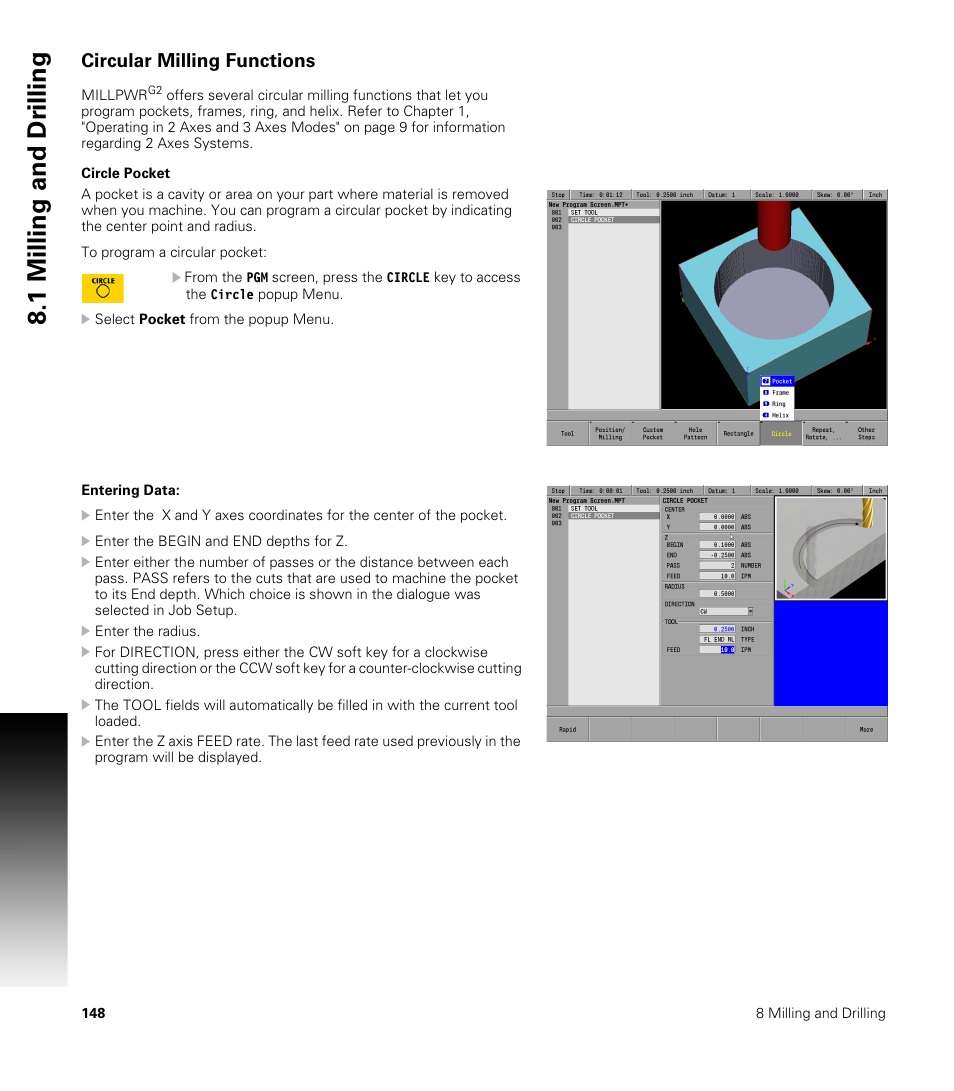 Circular milling functions, Circle pocket, 1 milling and dr illing | ACU-RITE MILLPWRG2 User Manual | Page 166 / 214